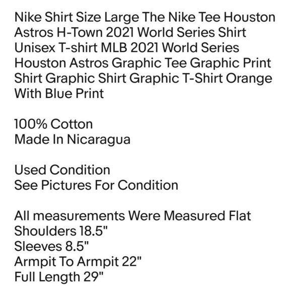 Nike Shirt Size Large The Nike Tee Houston Astros H-Town 2021 World Series Shirt - Picture 2 of 6